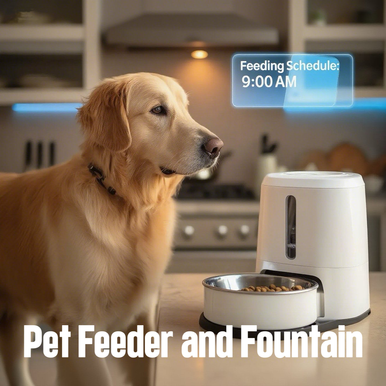 Golden Retriever watching smart pet feeder with "Feeding Schedule: 9:00 AM" display in warm-lit kitchen. White automatic dispenser with stainless steel bowl on tiled floor.