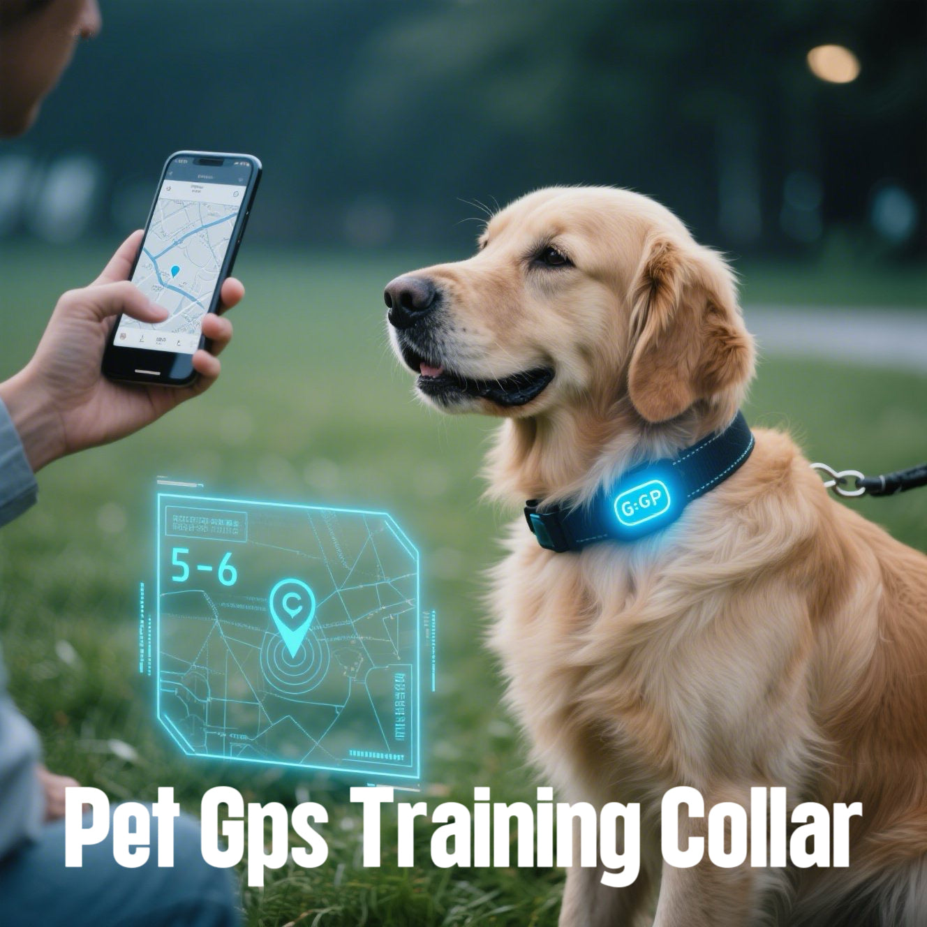 Golden Retriever wearing blue-lit GPS dog collar during outdoor training session. Owner monitors real-time location on smartphone map showing "5-6" distance indicator in grassy field.