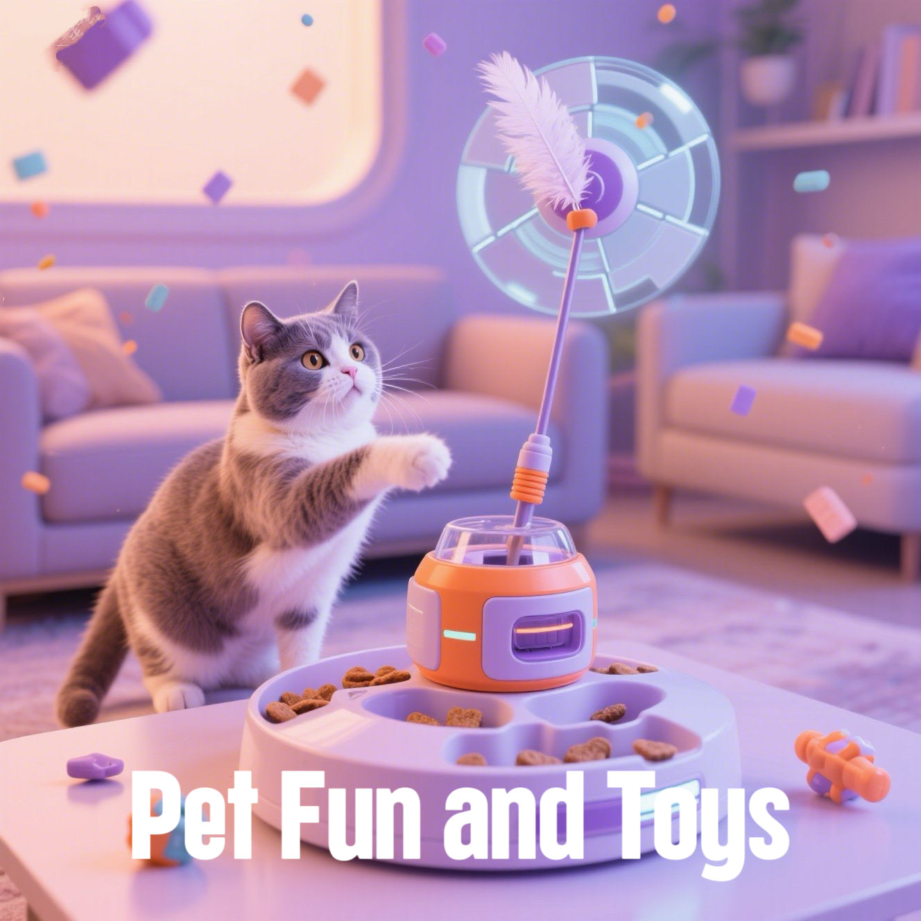 Automatic cat teaser toy in action: Grey-and-white cat interacting with rotating feather attachment and treat compartments on a purple-orange base, showcasing pet engagement in a cozy living room setting.