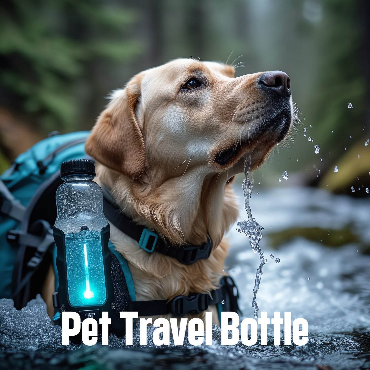 Golden Retriever drinking from stream with blue LED portable hydration pack. Clear water bottle in dog backpack shows glowing blue light during outdoor adventure in wooded area.