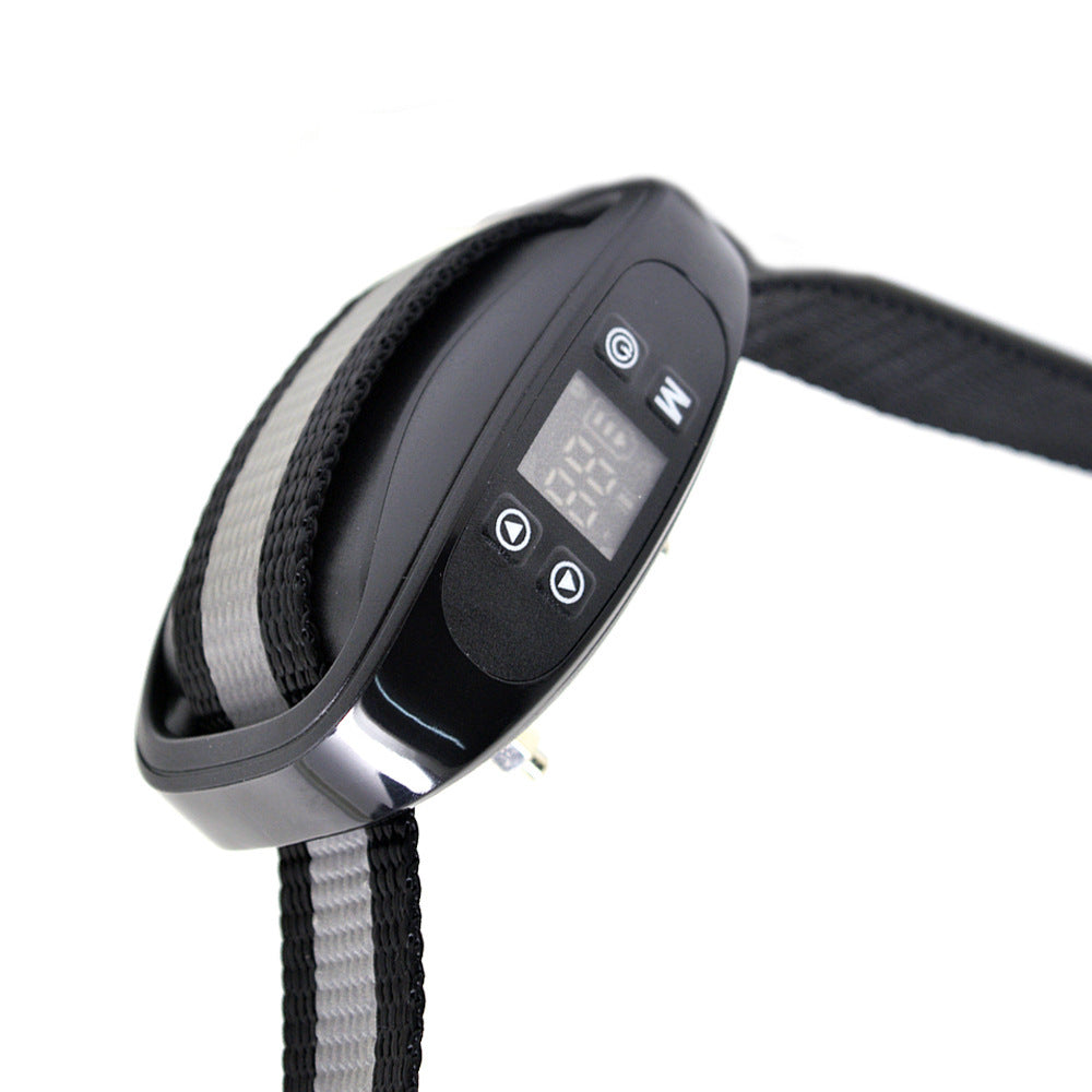 Close-up of  waterproof GPS dog training collar: Black oval device with LCD screen, M/E mode buttons, + - adjustment arrows, and power icon on white background.?