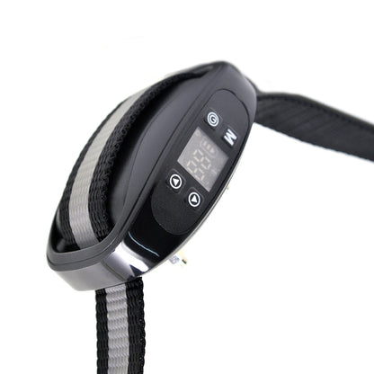 Close-up of  waterproof GPS dog training collar: Black oval device with LCD screen, M/E mode buttons, + - adjustment arrows, and power icon on white background.?