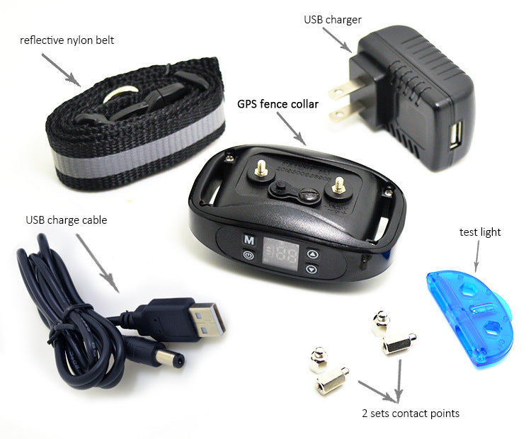 GPS dog fence system accessories: Black GPS fence collar with LCD screen , reflective nylon belt, USB charger with US plug, charge cable, blue test light tool, and 4 sets metal contact points on white background.?