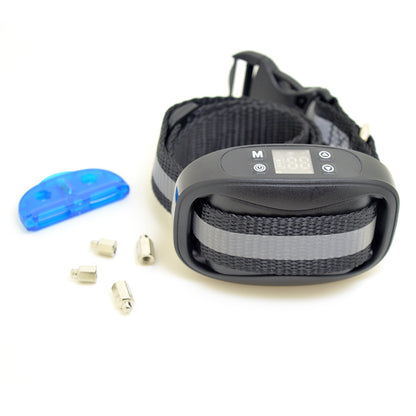 Black electric shock dog training collar with LCD screen, gray reflective strap, and included accessories: blue contact cleaner tool & 4 metal electrode replacements.?